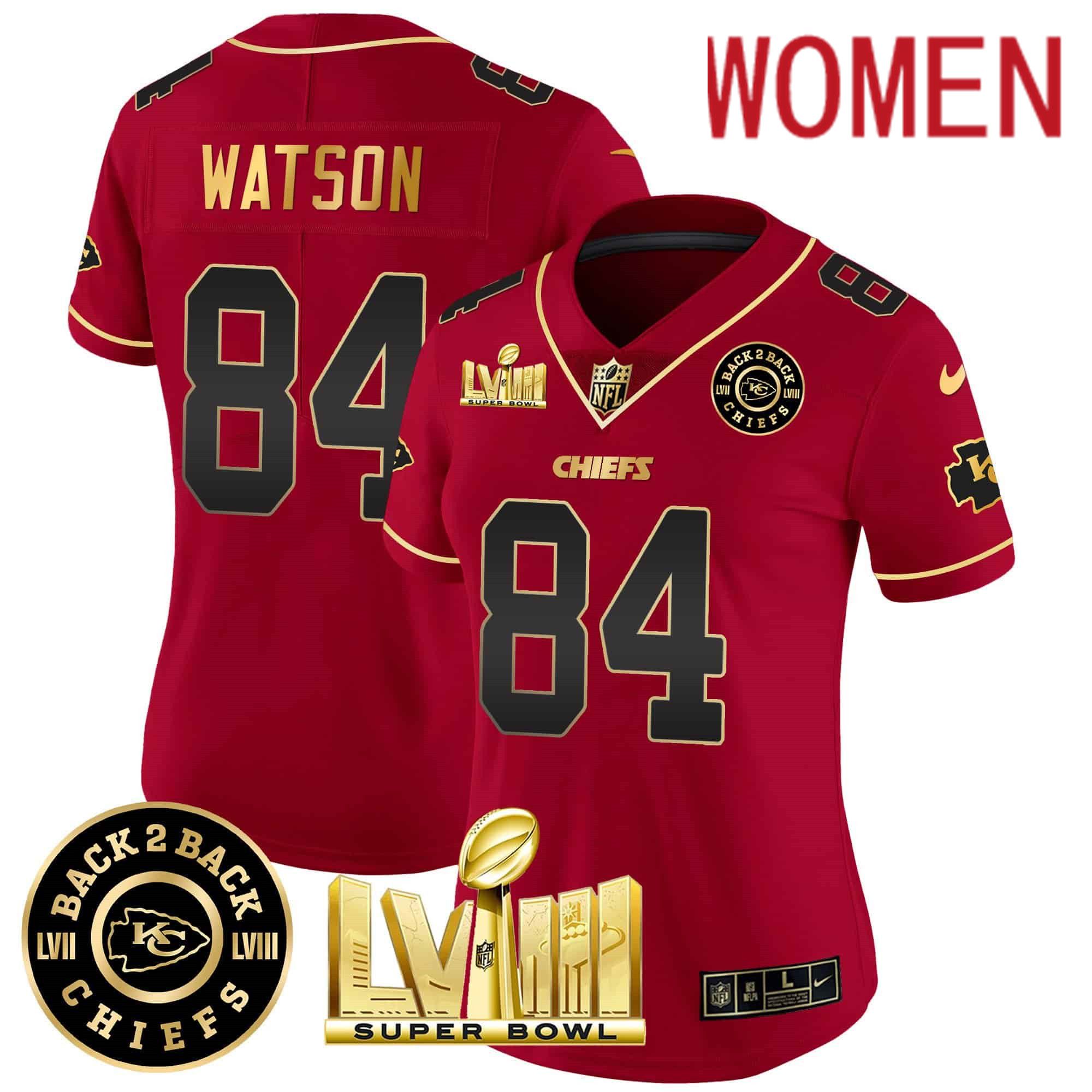 Women Kansas City Chiefs #84 Watson Red 2024 Nike Super Bowl LVIII & Back-2-Back Patch Vapor NFL Jersey style 2